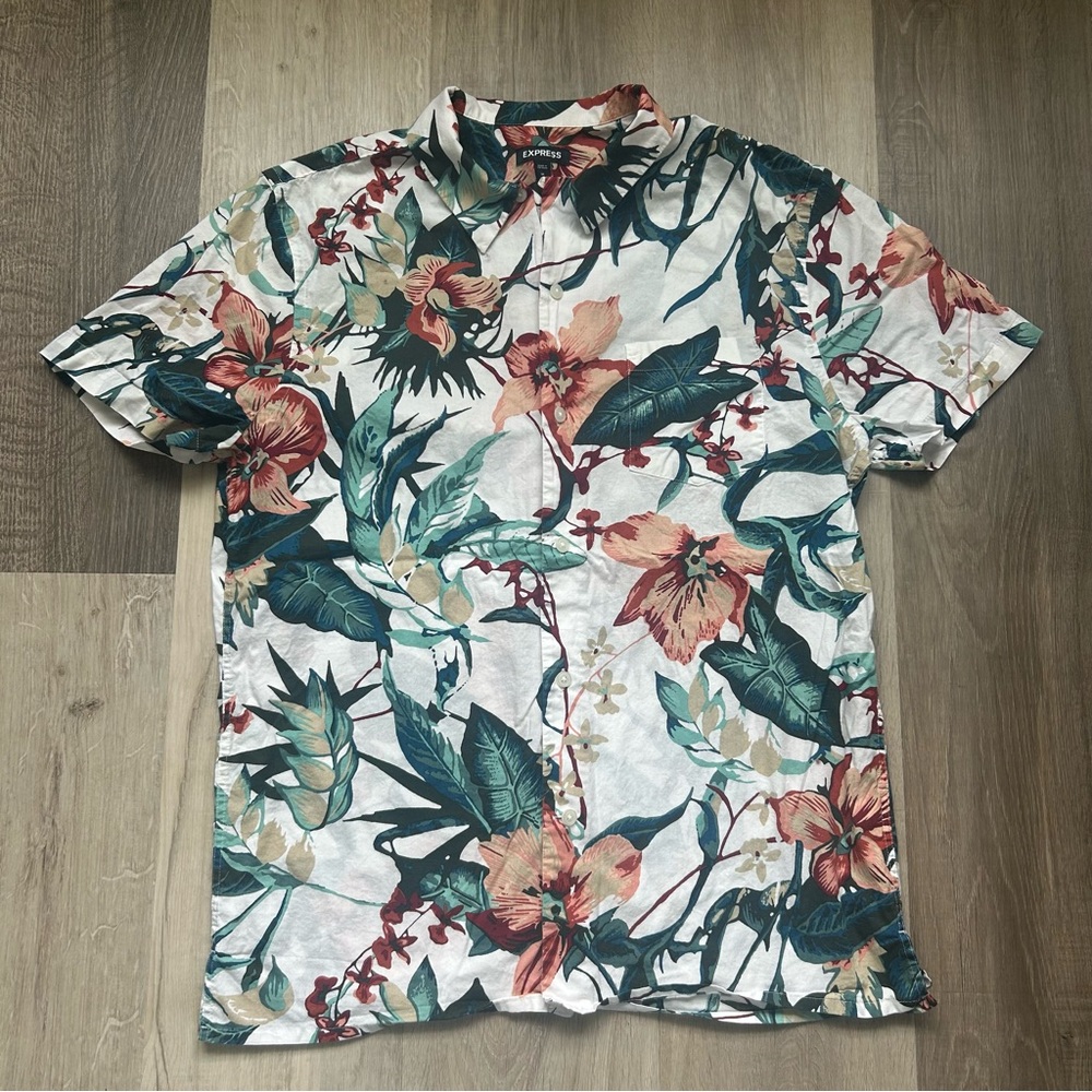 Express Men's Short Sleeve Floral Shirt - White with Green & Coral Floral